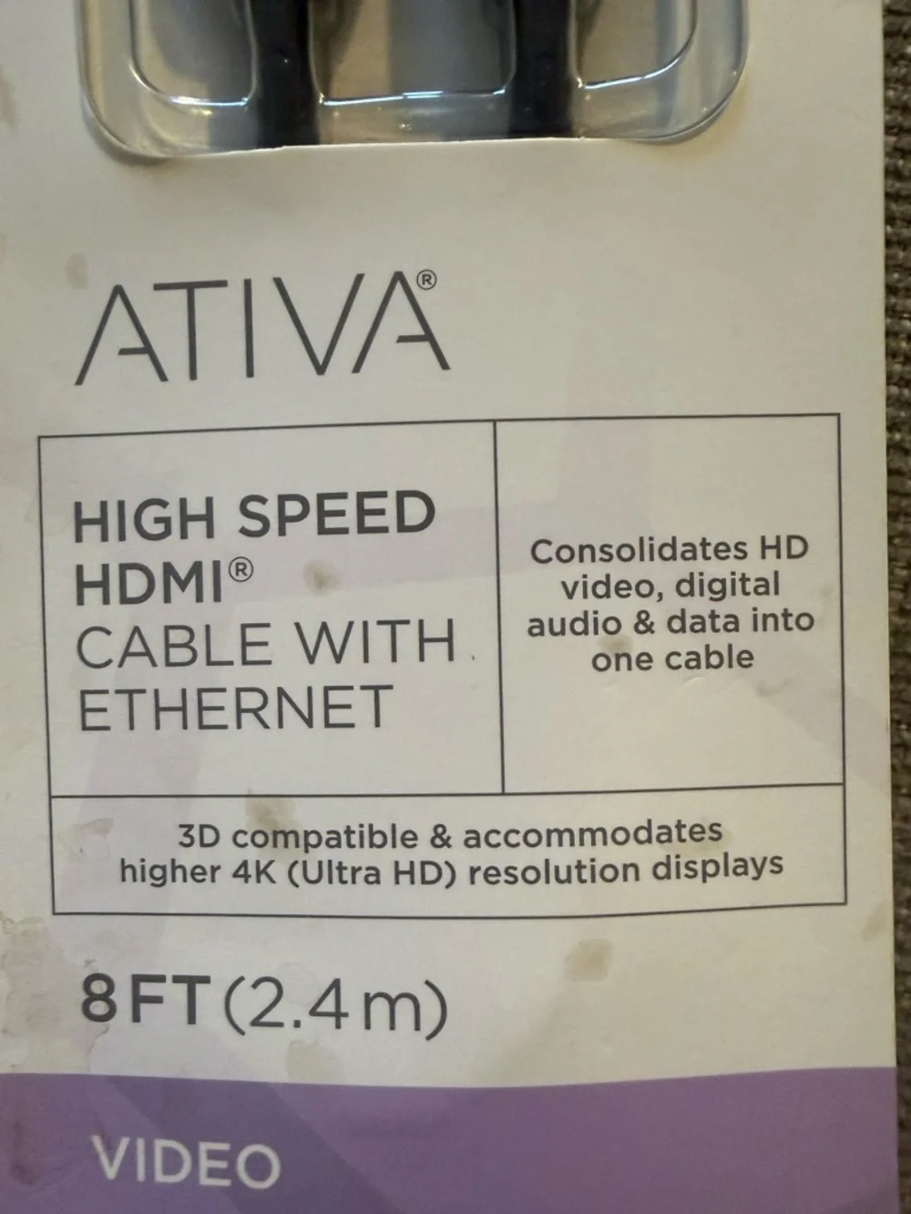 High Speed HDMI Ethernet Cable, 8ft, bi- directional, 2 male plugs